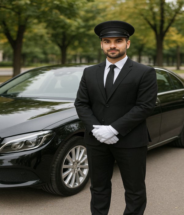 Üniformalı sürücü lüks arabanın yanında